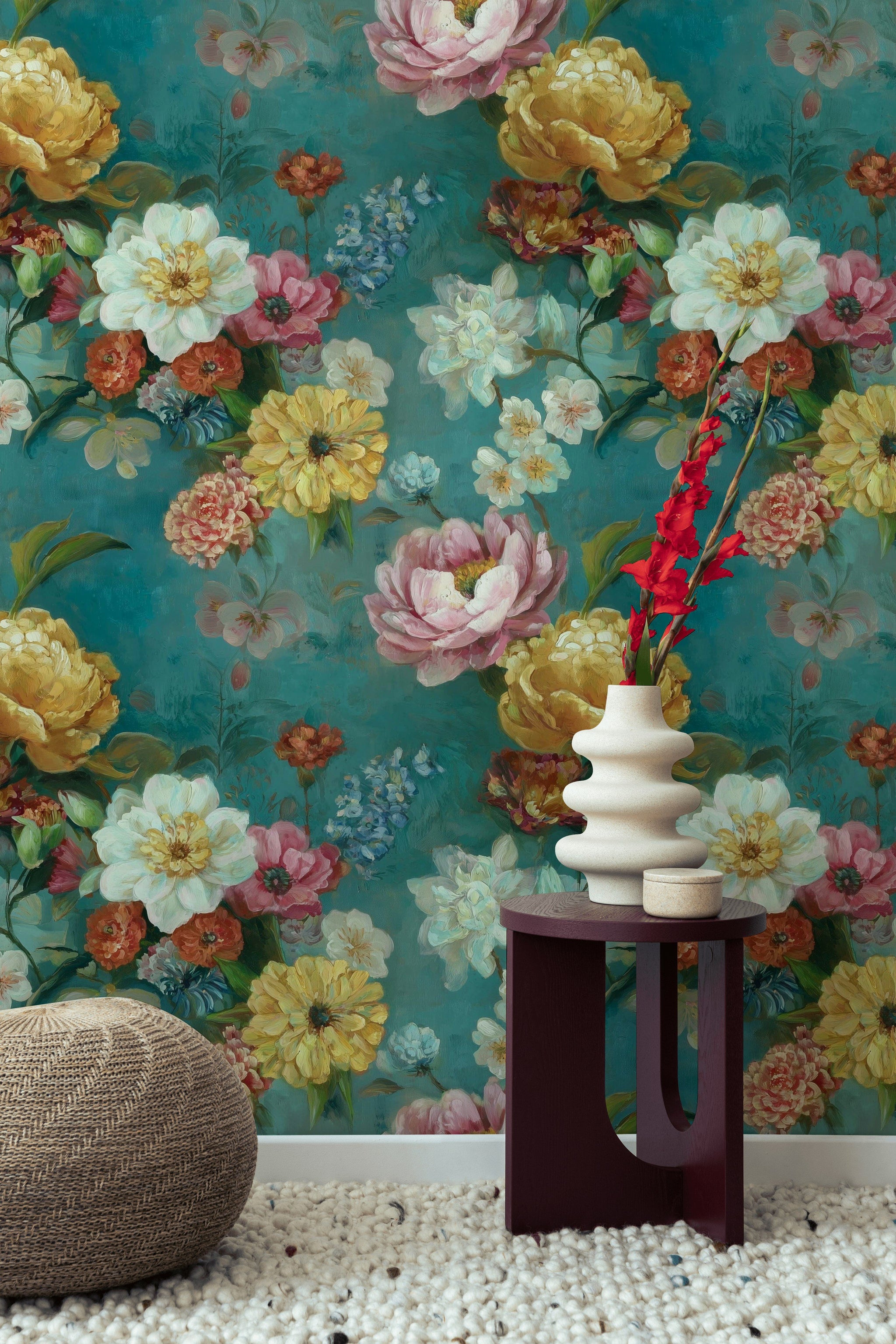 Teal Multicolor Vintage Floral Wallpaper