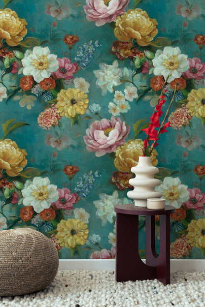 Teal Multicolor Vintage Floral Wallpaper