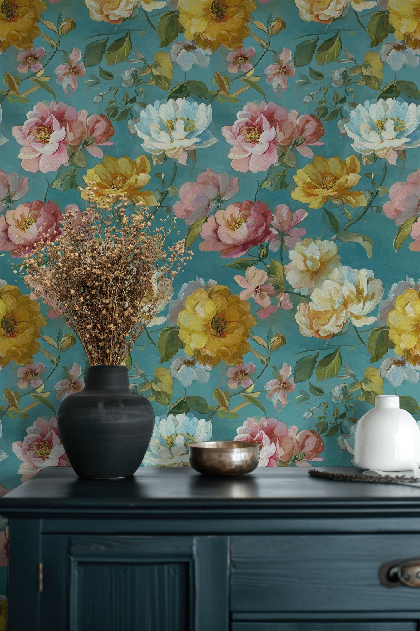 Vintage Floral Wallpaper Teal Background Wall Mural