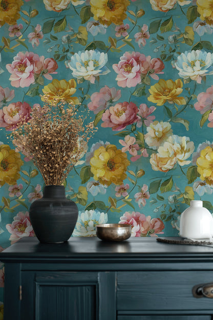 Turquoise Multicolor Large Floral Wallpaper