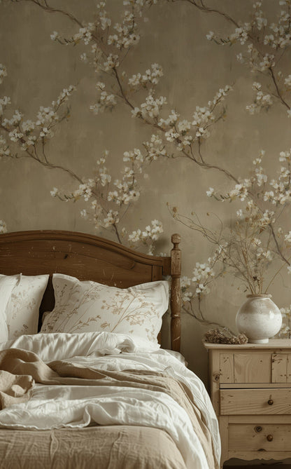 Warm Beige Cherry Blossom Floral Wallpaper