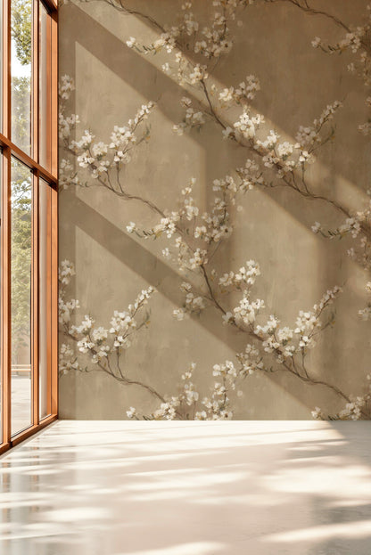 Warm Beige Cherry Blossom Floral Wallpaper