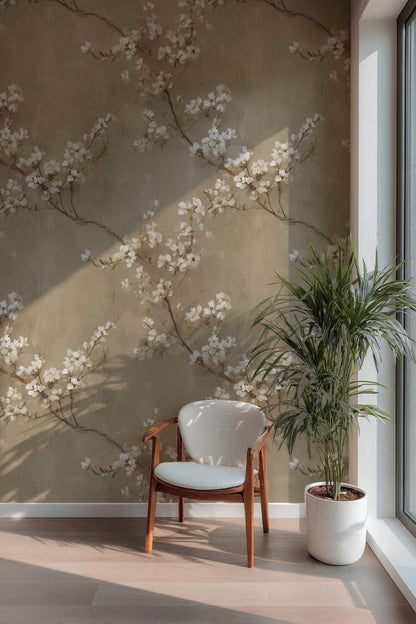 Warm Beige Cherry Blossom Floral Wallpaper