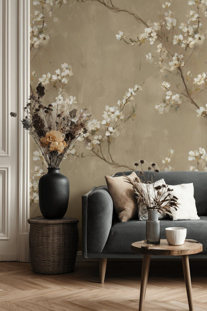 Warm Beige Cherry Blossom Floral Wallpaper