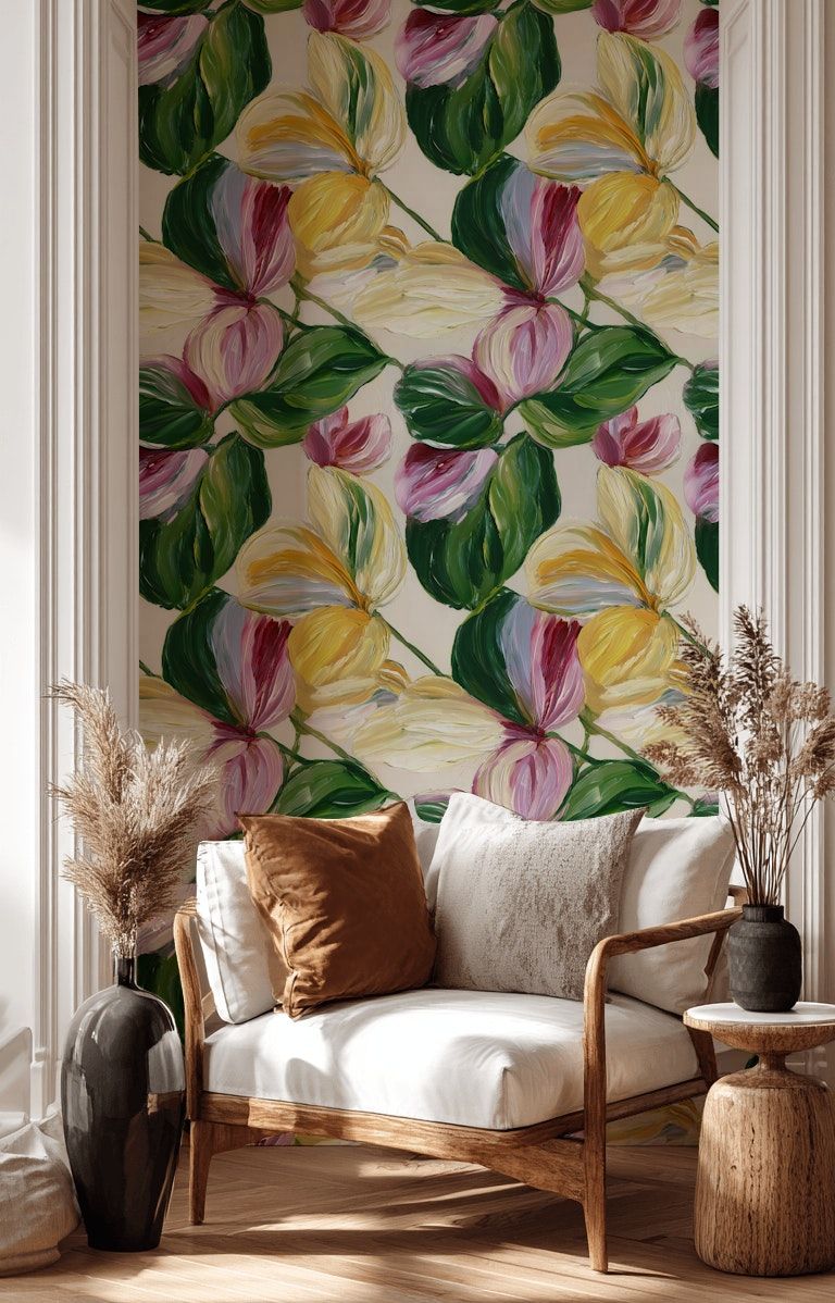 Vibrant Tropical Flower Brushstroke Wallpaper