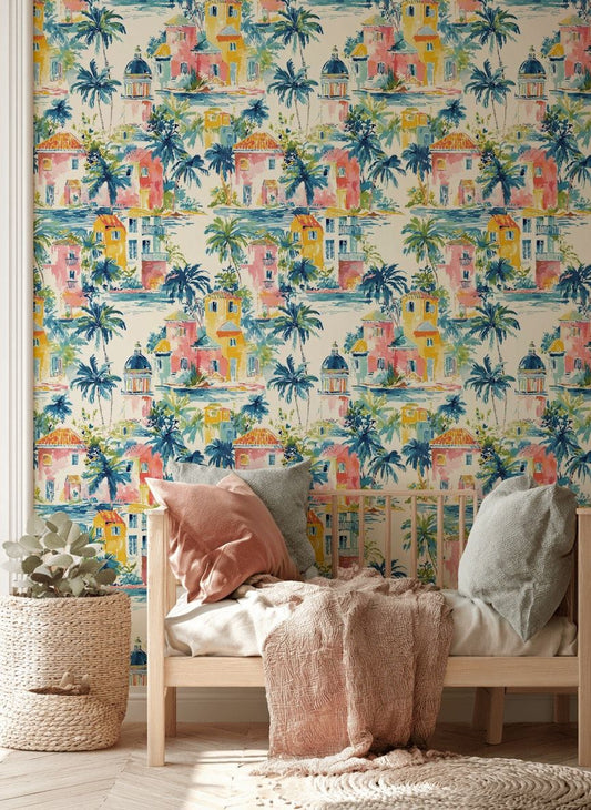 Tropical Coastal Village Wallpaper Palm Tree Wall Mural