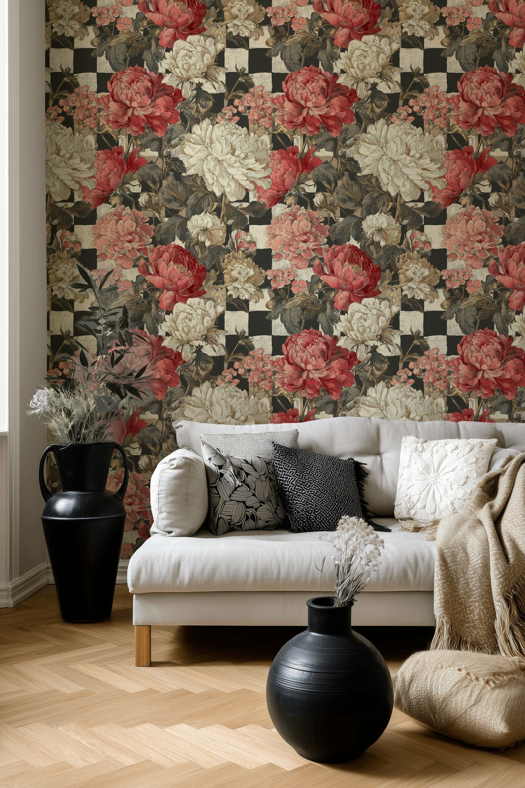 Vintage Red and Cream Peony Floral Wallpaper
