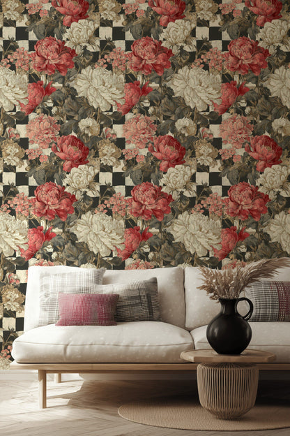 Vintage Red and Cream Peony Floral Wallpaper