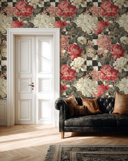Vintage Red and Cream Peony Floral Wallpaper