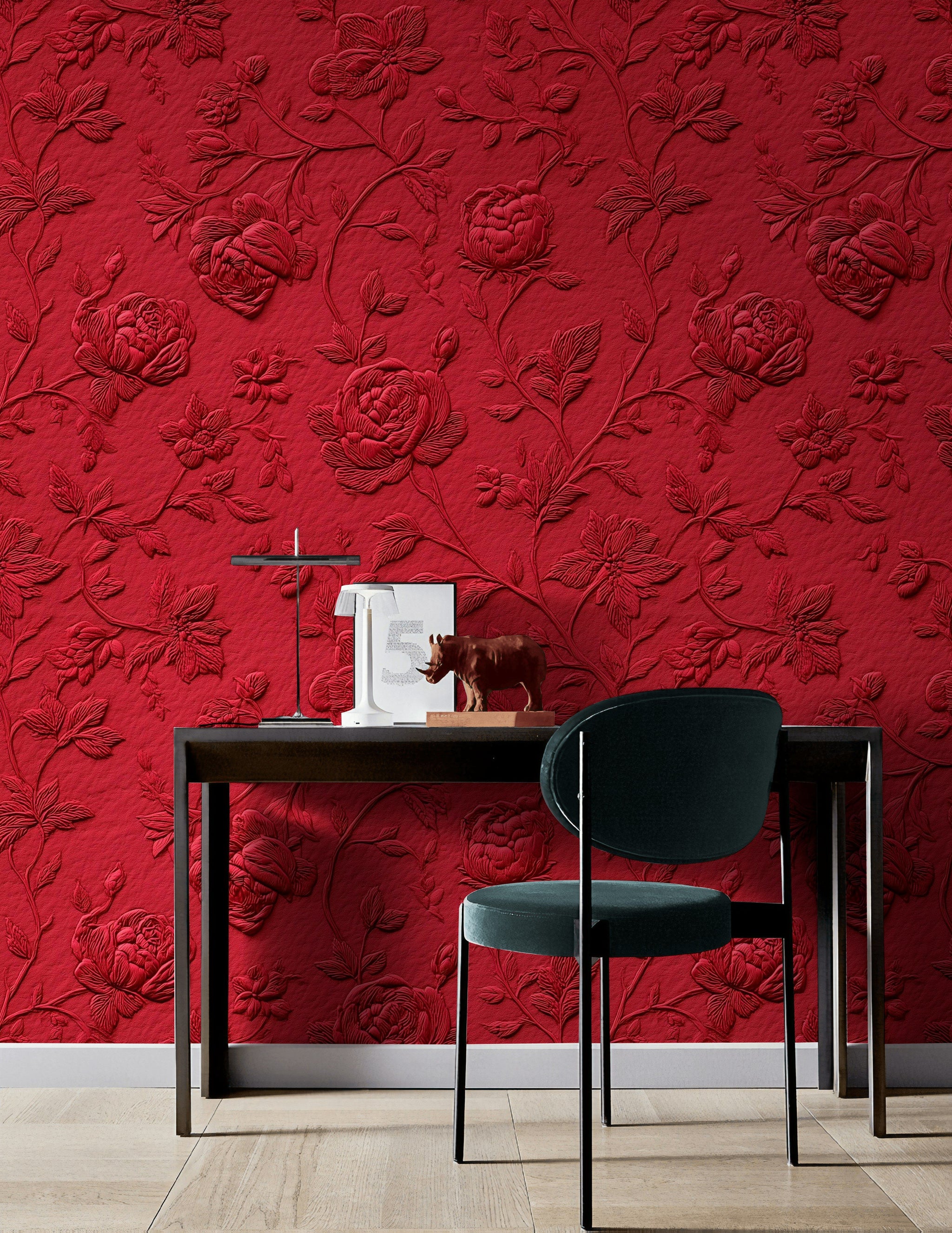 Rich Crimson Embossed Rose Floral Wallpaper