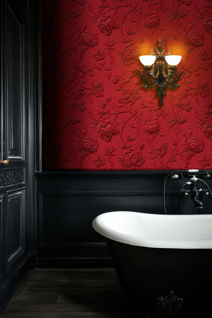 Rich Crimson Embossed Rose Floral Wallpaper