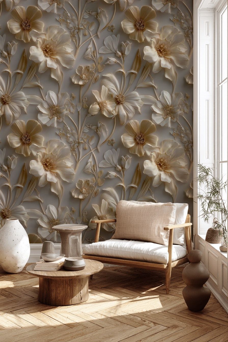 3D Floral Relief Wallpaper Beige Botanical Wall Mural