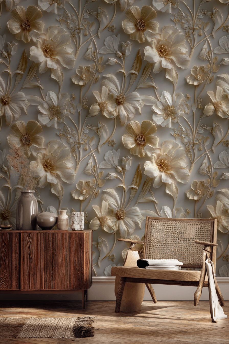3D Floral Relief Wallpaper Beige Botanical Wall Mural