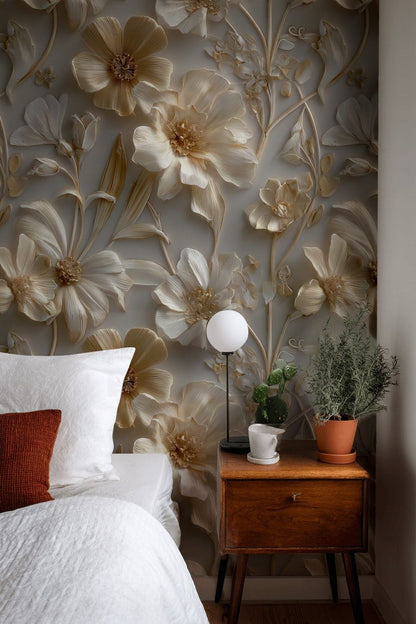 Warm Beige and Gold Look Large Floral Wallpaper