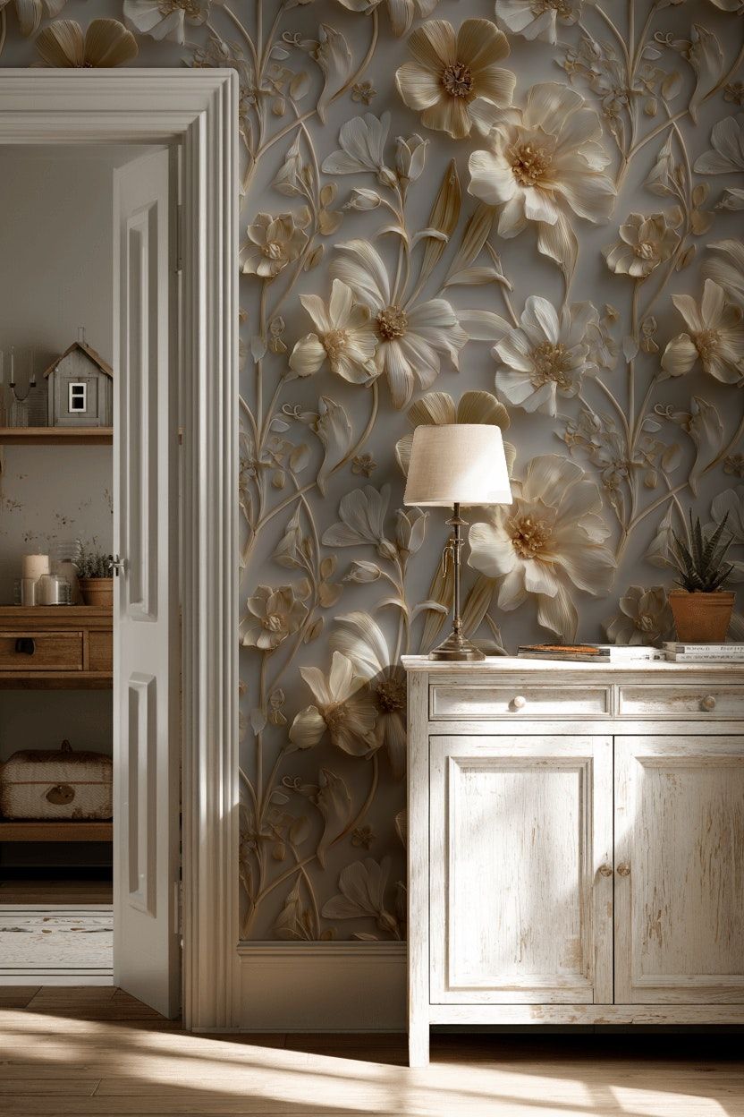 Warm Beige and Gold Look Large Floral Wallpaper