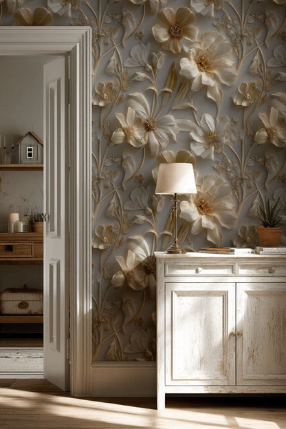 Warm Beige and Gold Look Large Floral Wallpaper