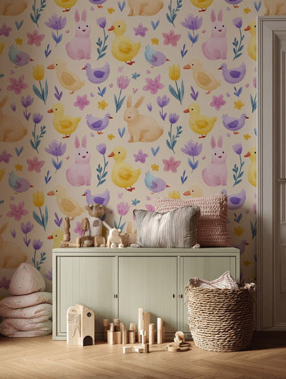 Cream Multicolor Animal and Floral Kids Wallpaper