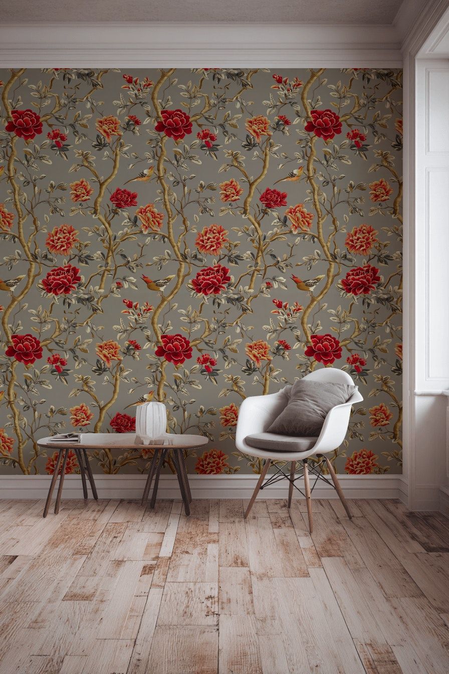Deep Red Rose and Bird Botanical Wallpaper
