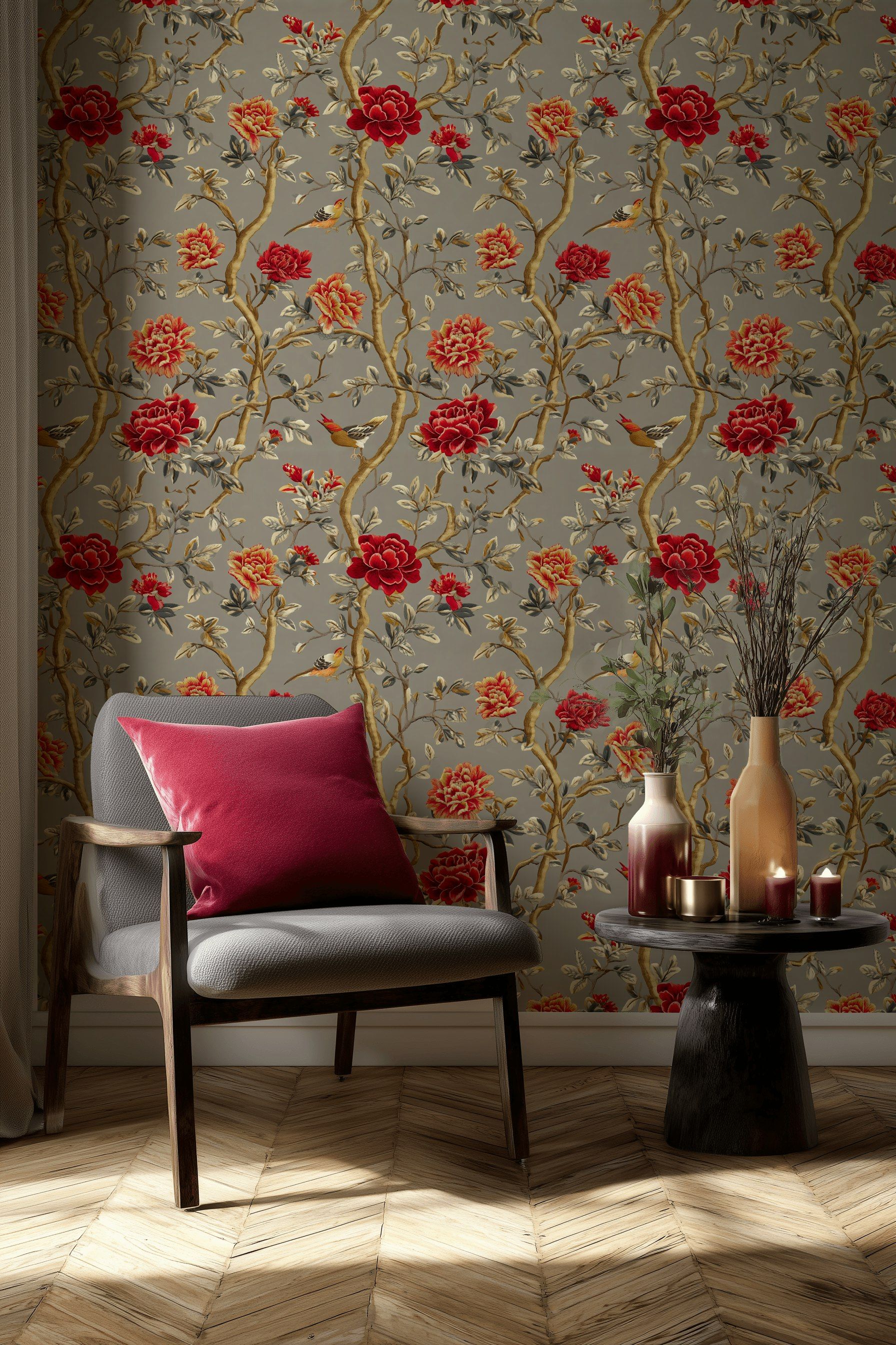 Deep Red Rose and Bird Botanical Wallpaper