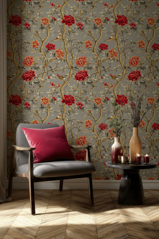 Chinoiserie Red Peony Wallpaper Botanical Vintage Wall Mural