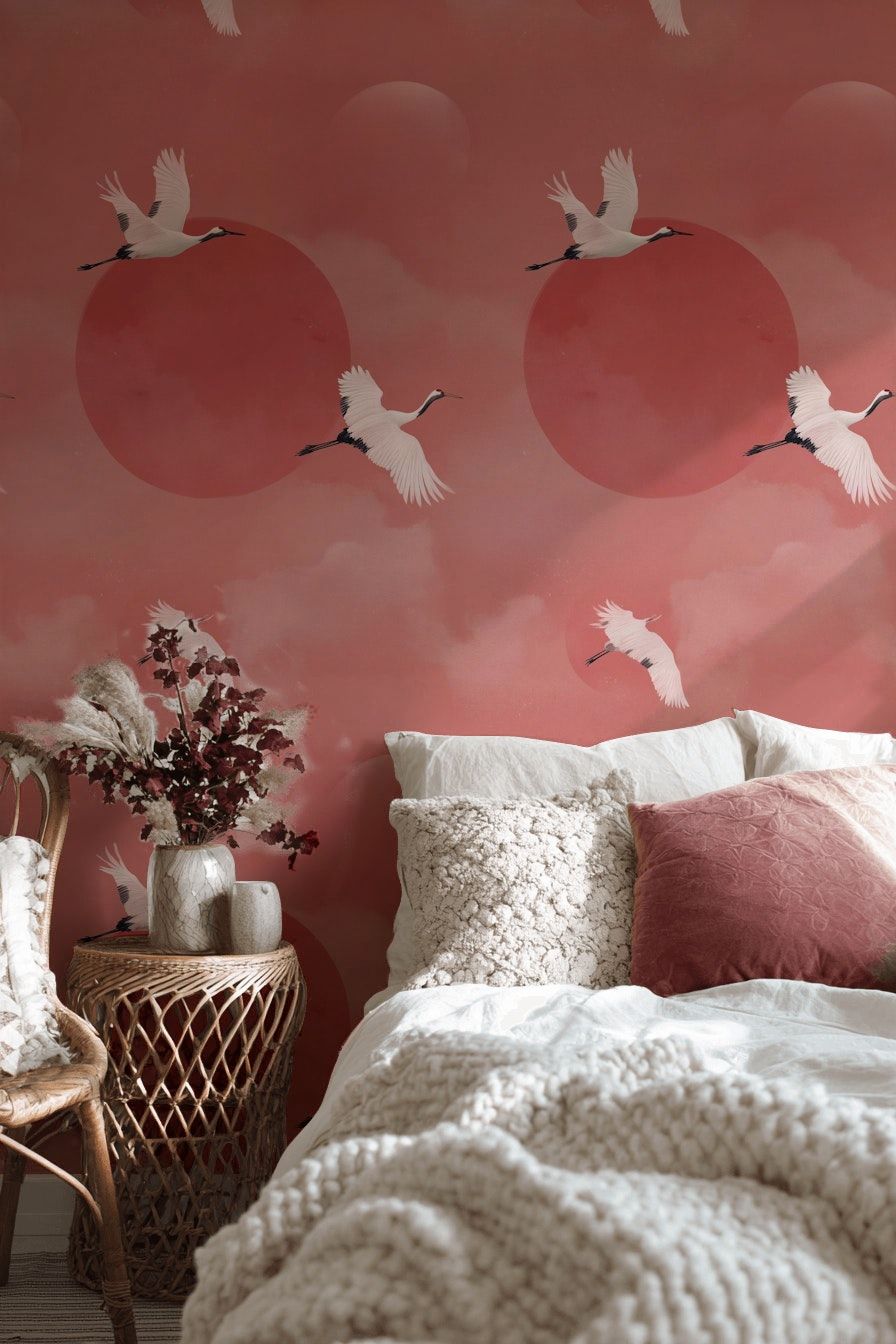 Cranes In Flight Wallpaper Pink And White Minimal Wall Mural