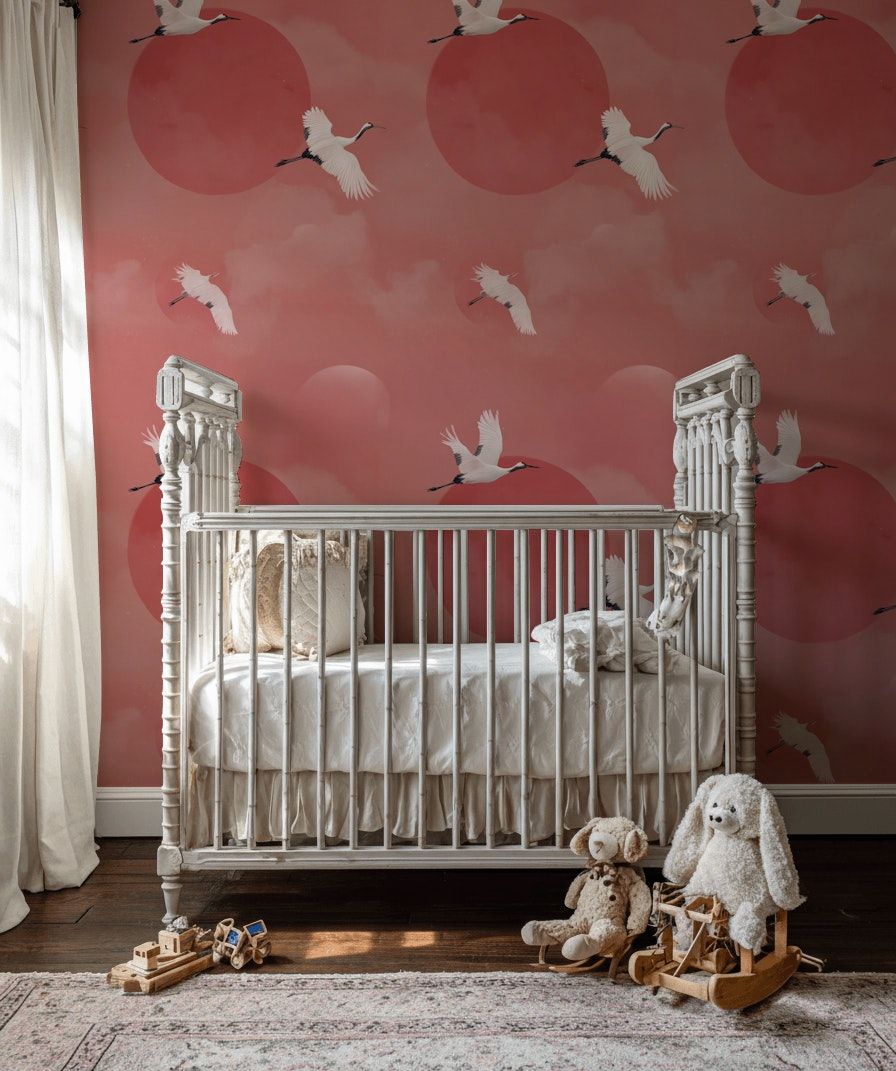 Cranes In Flight Wallpaper Pink And White Minimal Wall Mural