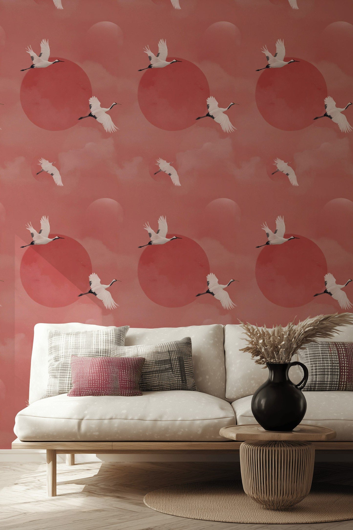 Cranes In Flight Wallpaper Pink And White Minimal Wall Mural