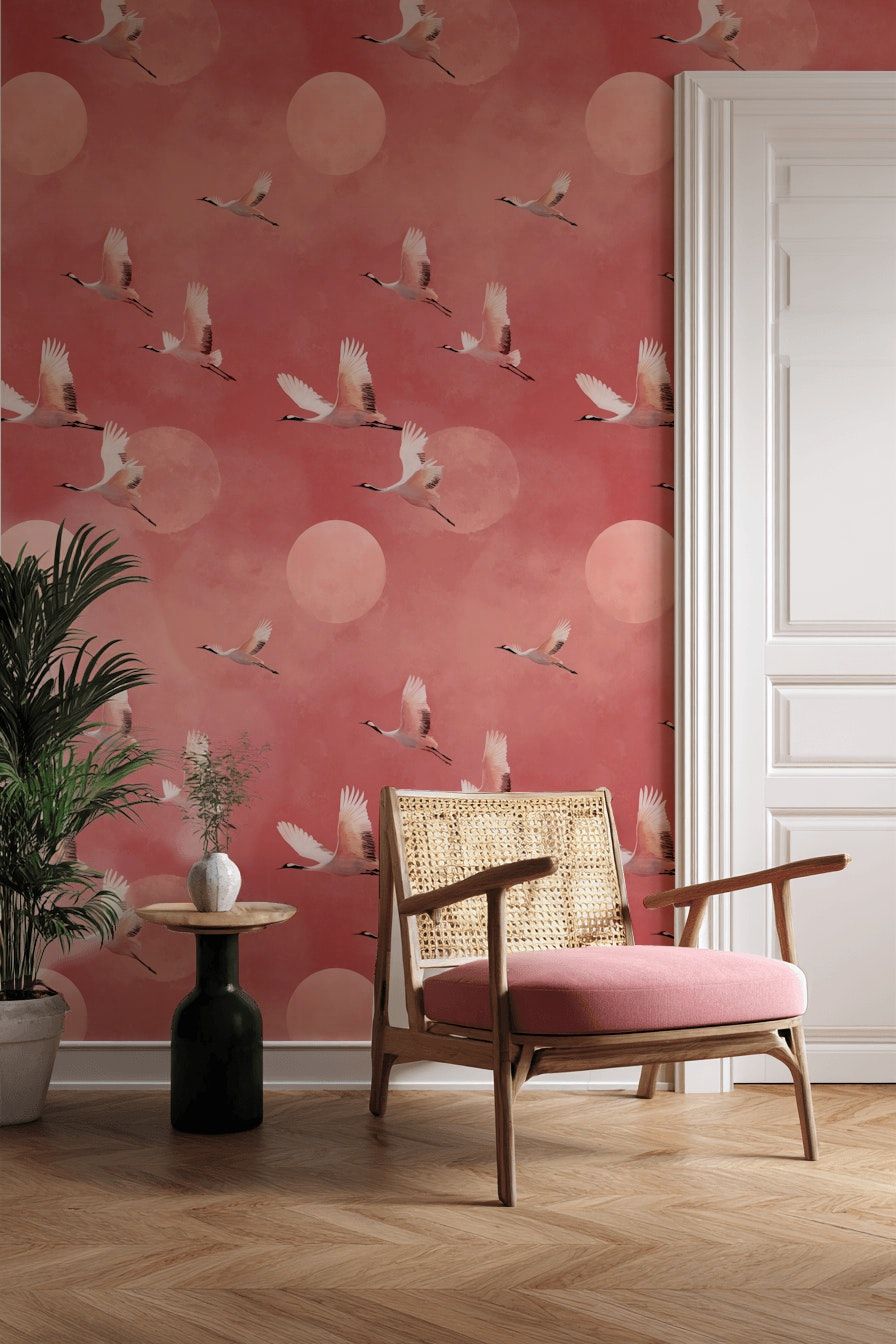 Japanese Crane Wallpaper Pink Sky Oriental Wall Mural