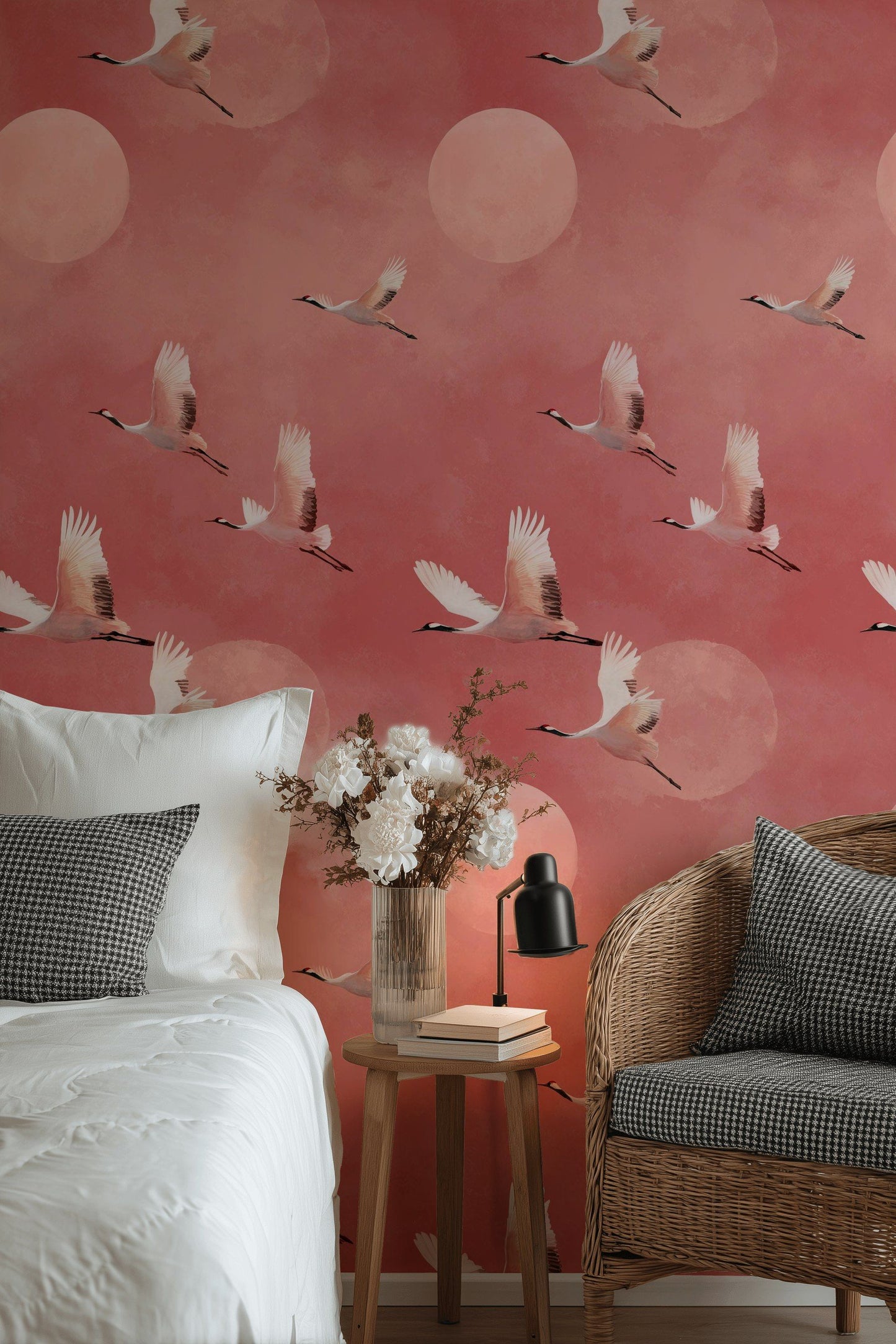 Japanese Crane Wallpaper Pink Sky Oriental Wall Mural
