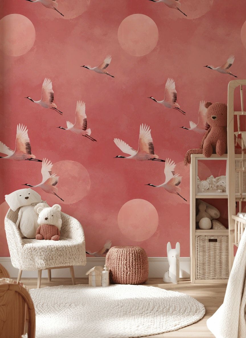 Japanese Crane Wallpaper Pink Sky Oriental Wall Mural