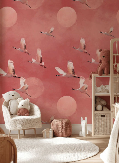 Coral Flight of Cranes Abstract Wallpaper