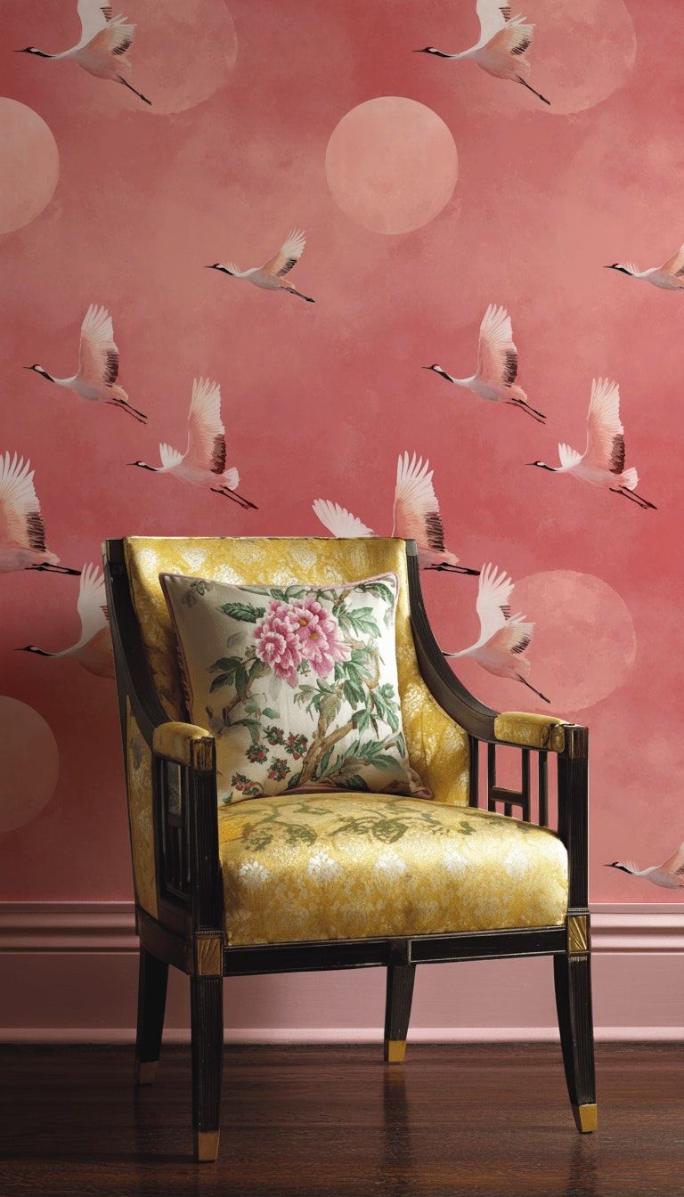 Japanese Crane Wallpaper Pink Sky Oriental Wall Mural