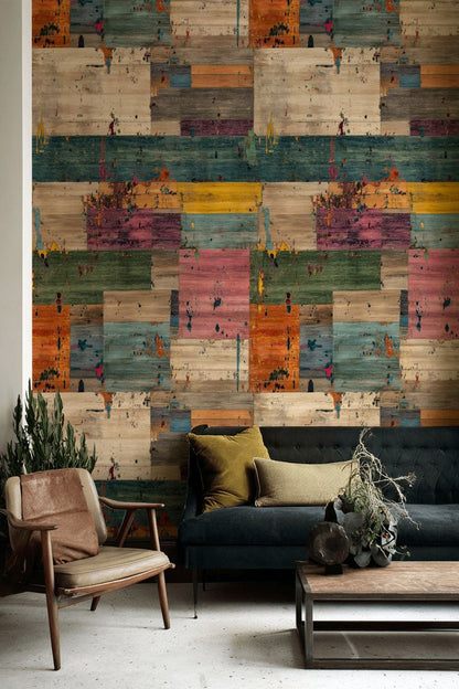 Rustic Multicolor Abstract Timber Wallpaper