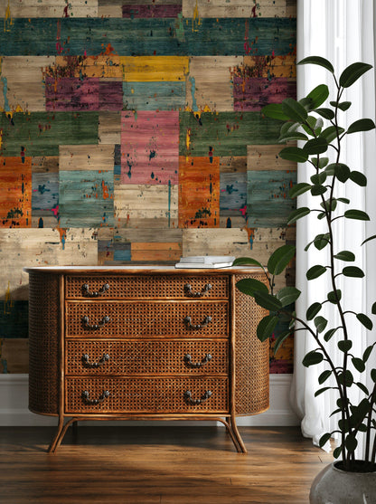 Rustic Multicolor Abstract Timber Wallpaper