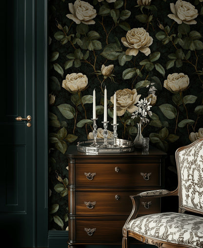 Vintage Cream Rose Floral Dark Wallpaper