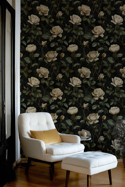 Vintage Cream Rose Floral Dark Wallpaper