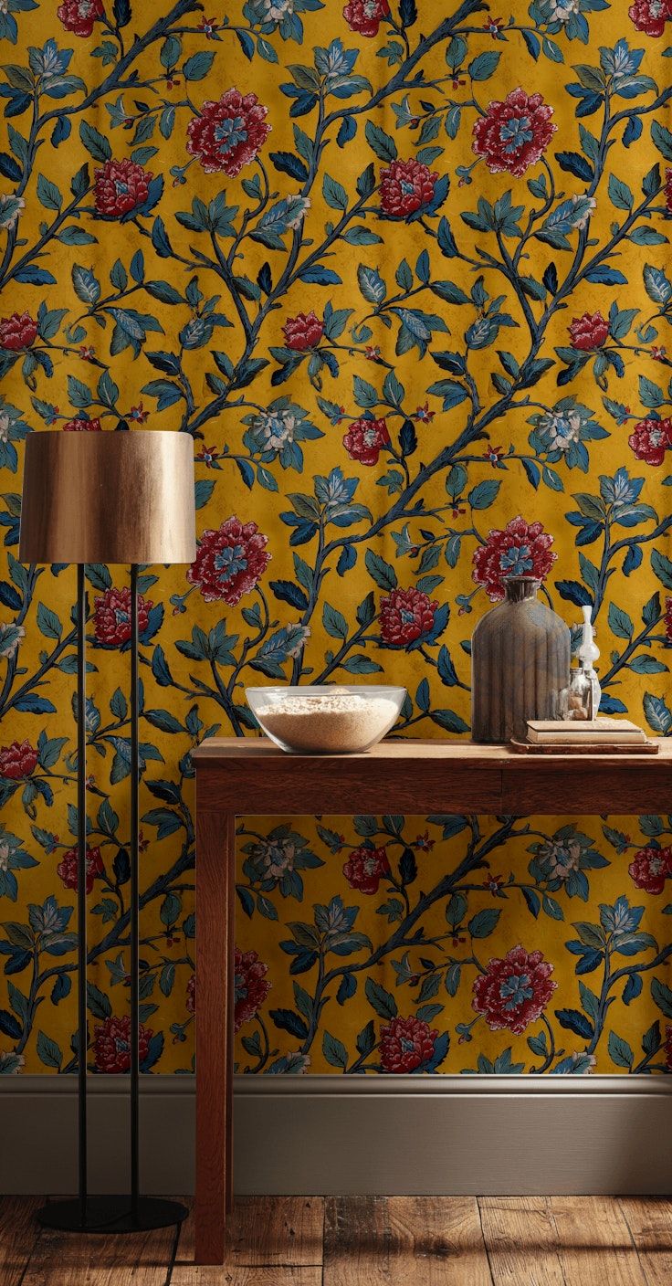 Botanical Floral Wallpaper Vintage Yellow Wall Mural