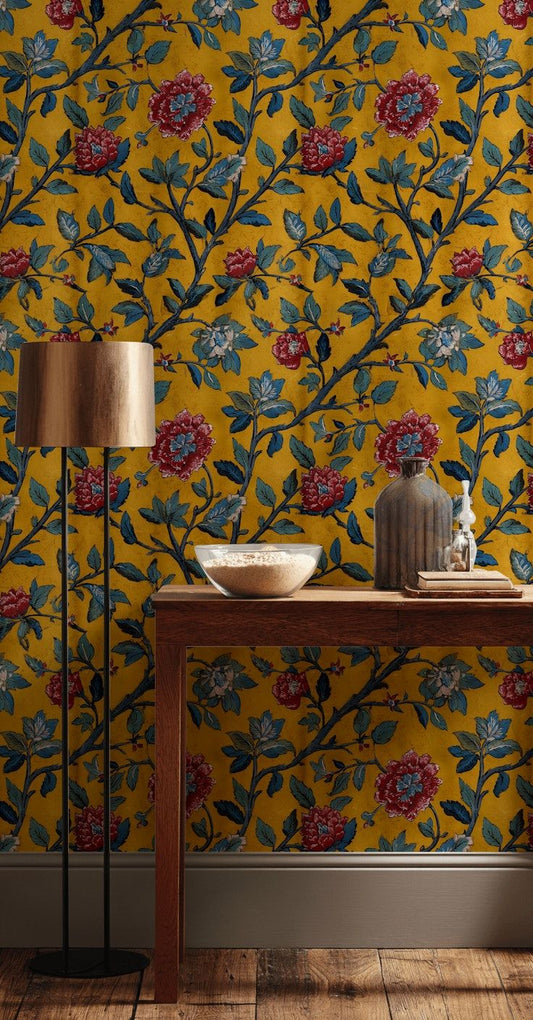 Botanical Floral Wallpaper Vintage Yellow Wall Mural