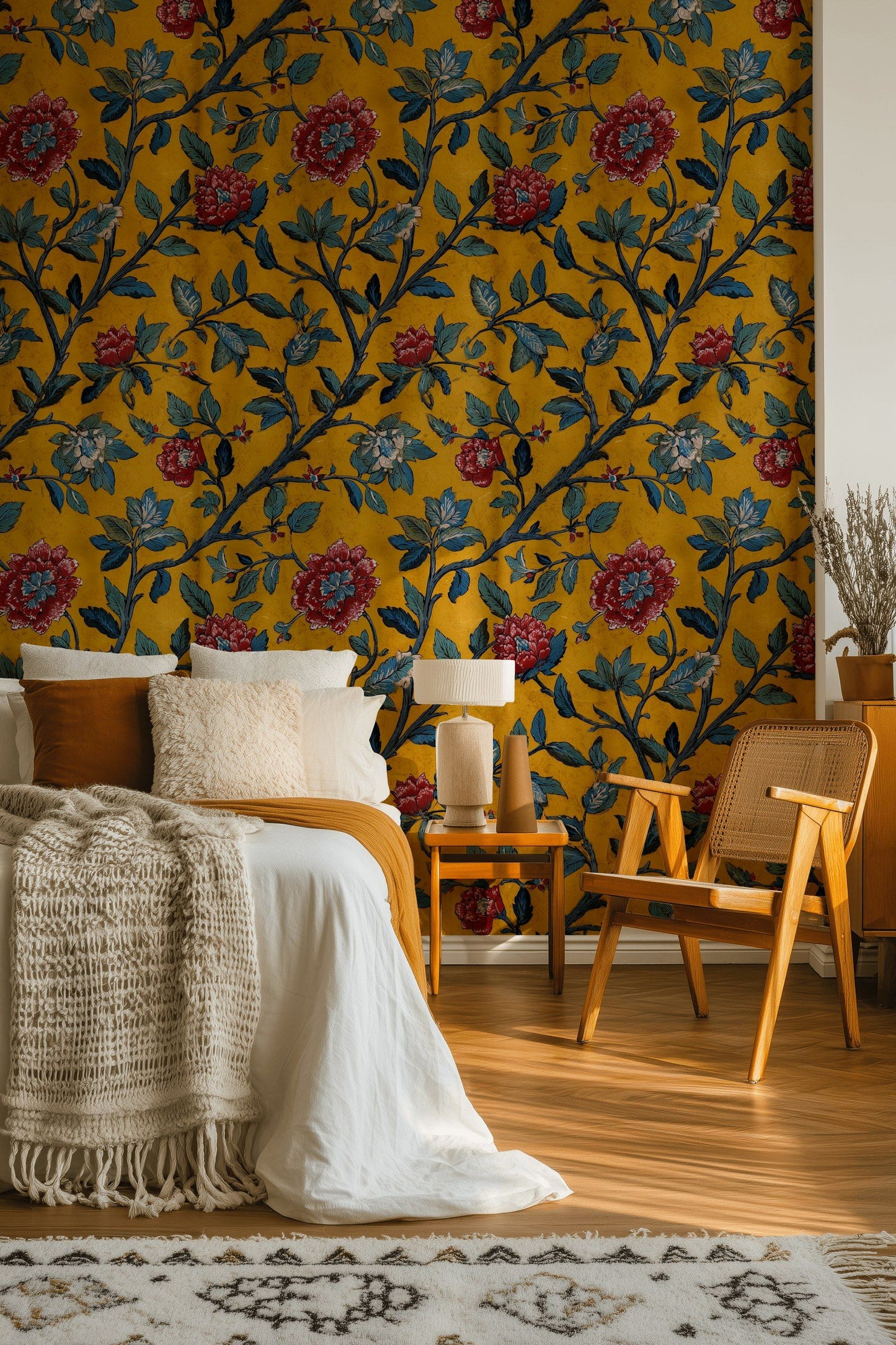 Botanical Floral Wallpaper Vintage Yellow Wall Mural