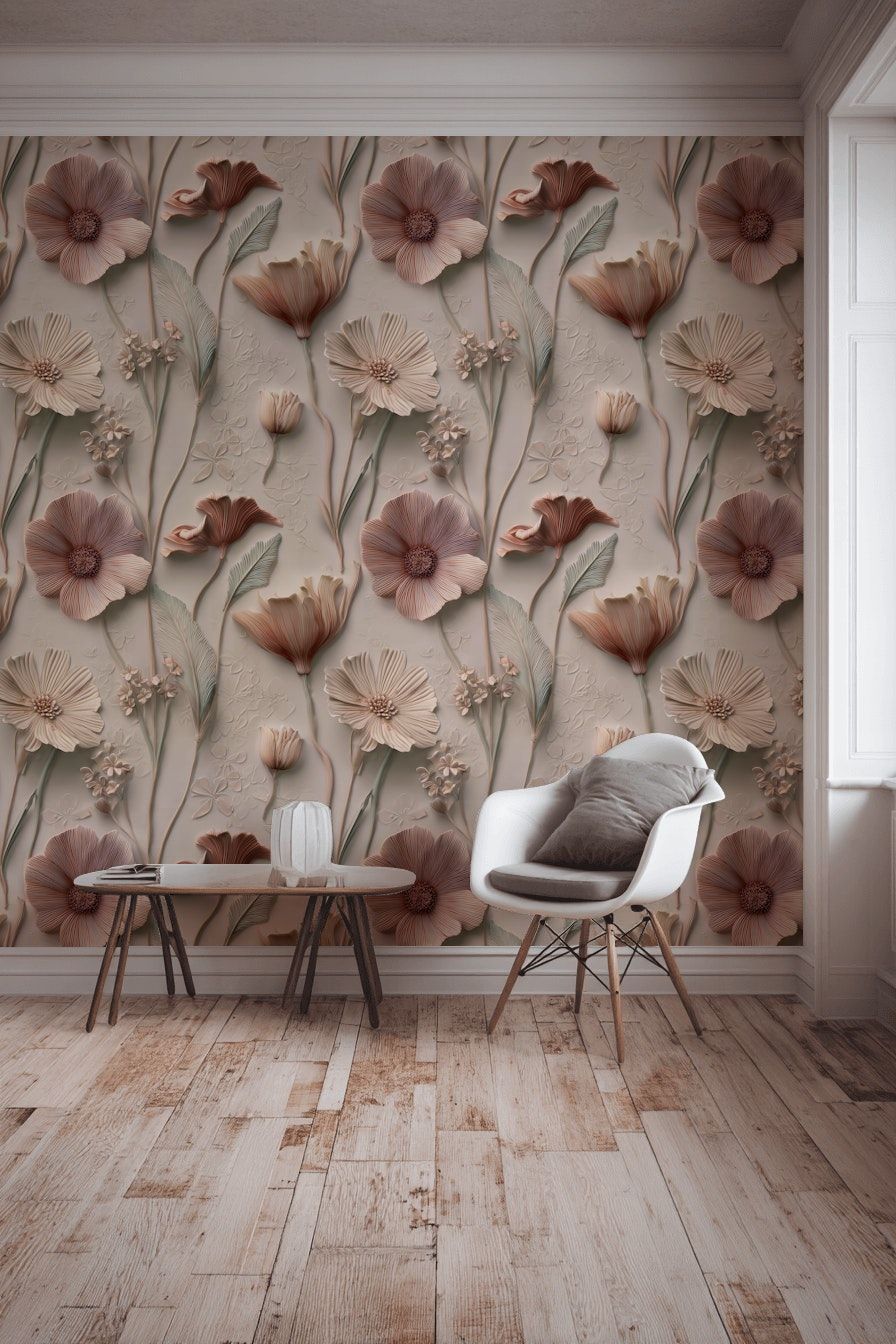 Blush Beige Textural Floral Pattern Wallpaper