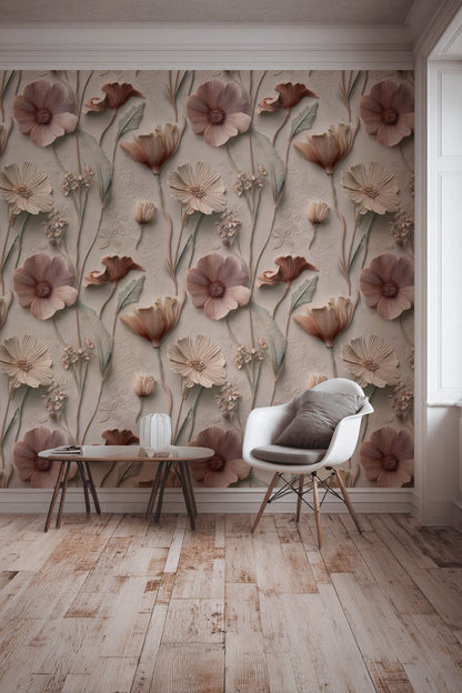 Blush Beige Textural Floral Pattern Wallpaper