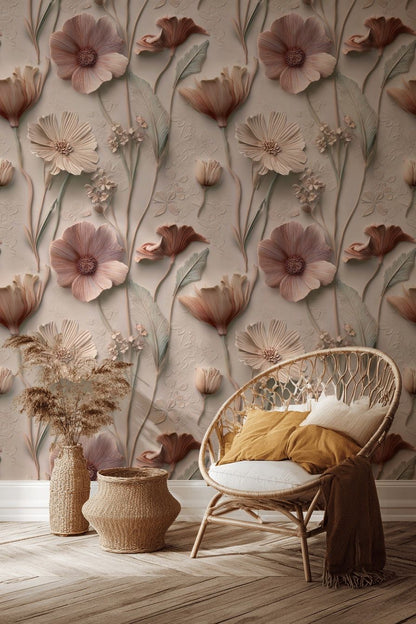 Blush Beige Textural Floral Pattern Wallpaper