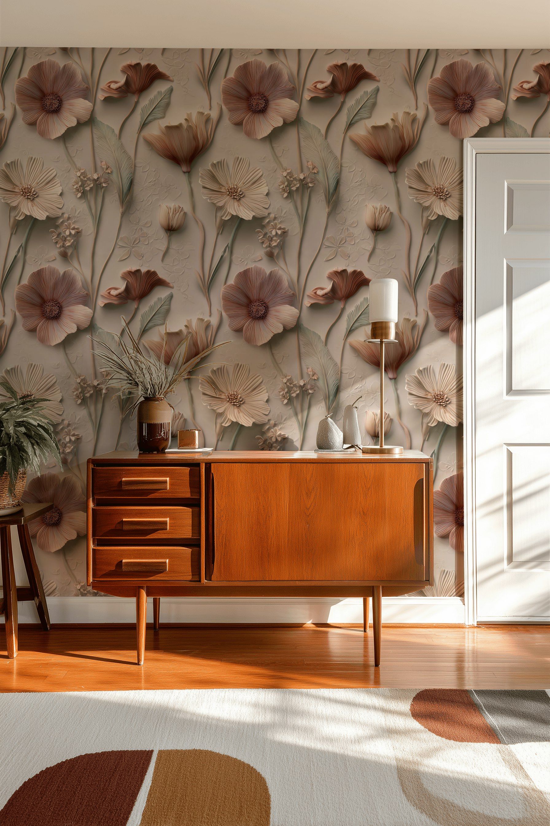 Blush Beige Textural Floral Pattern Wallpaper