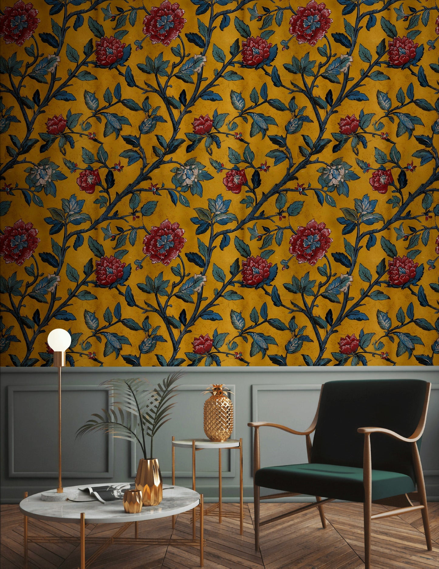 Botanical Floral Wallpaper Vintage Yellow Wall Mural