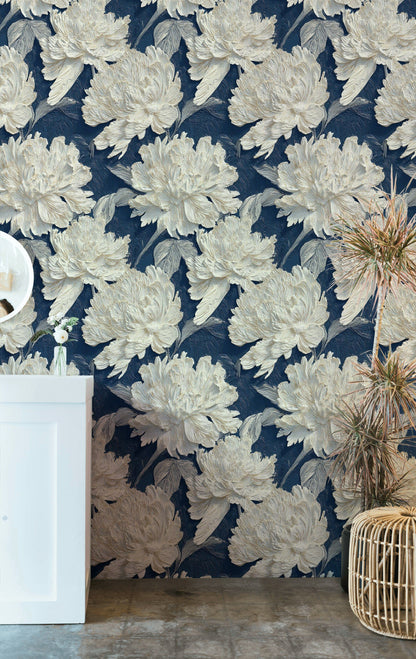 Ivory Peony on Deep Navy Floral Wallpaper