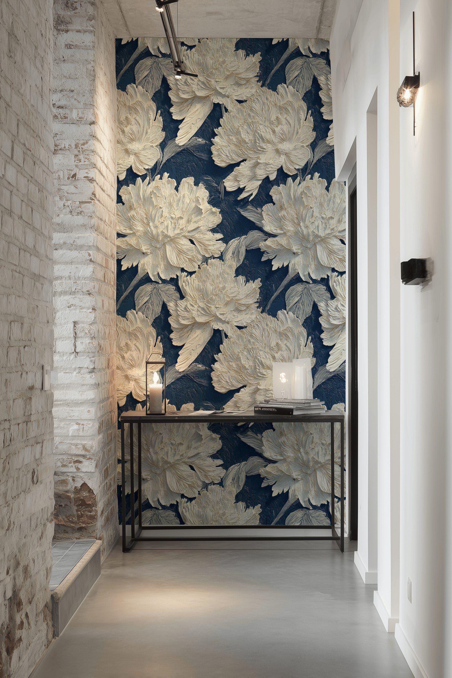 Ivory Peony on Deep Navy Floral Wallpaper