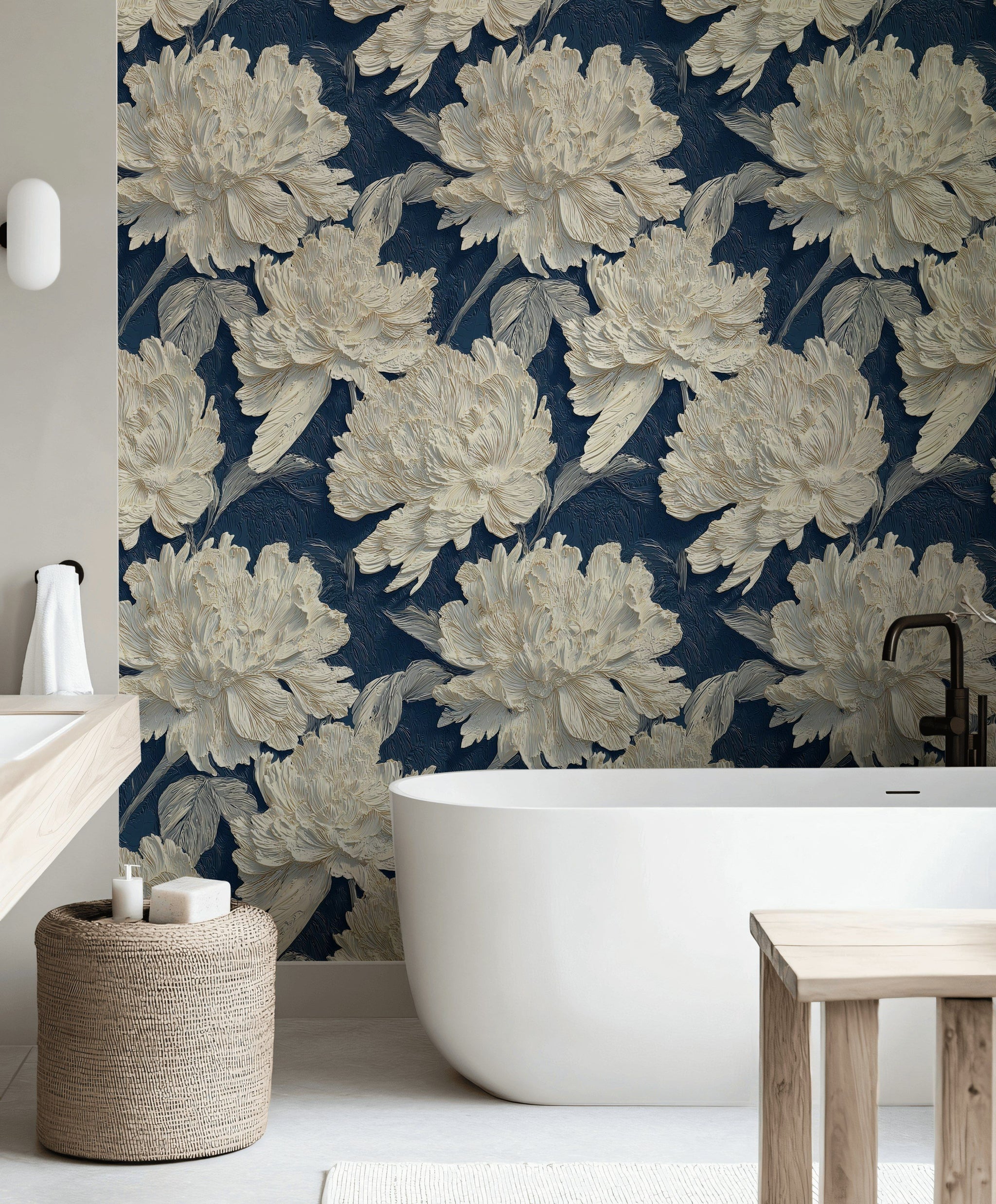 Ivory Peony on Deep Navy Floral Wallpaper