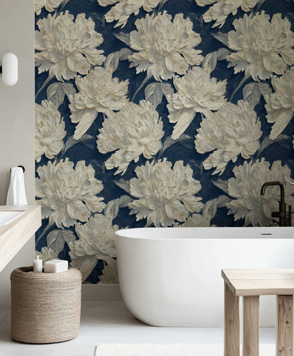 Ivory Peony on Deep Navy Floral Wallpaper