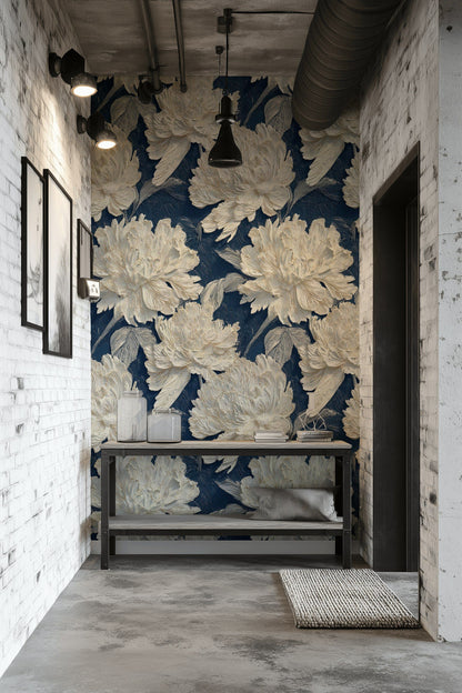 Ivory Peony on Deep Navy Floral Wallpaper