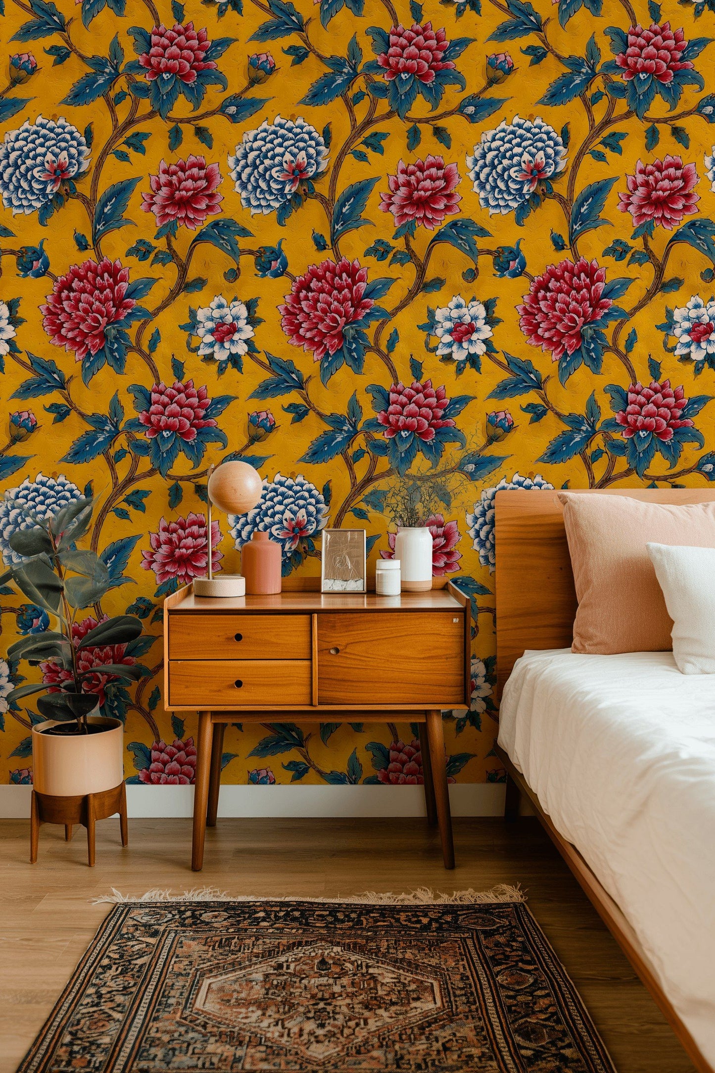Yellow Floral Chinoiserie Wallpaper Vintage Wall Mural
